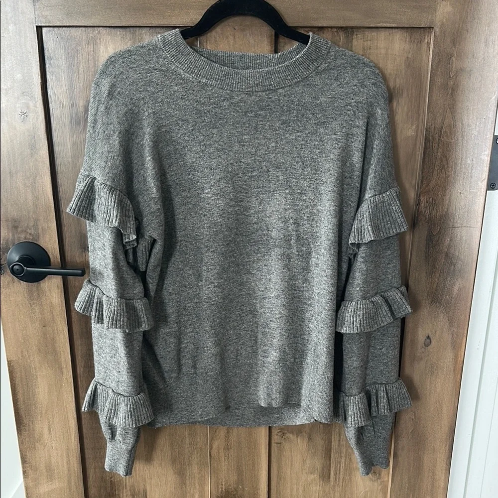 J Crew Gray Ruffle Sleeve Sweater